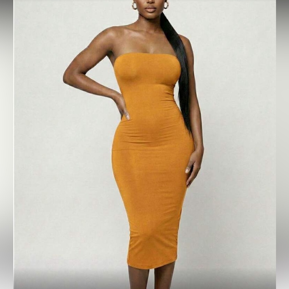Strapless Bodycon Midi Dress in Mustard